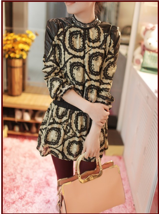 2013 spring collar diamond slim leather patchwork chiffon one-piece dress female 5313