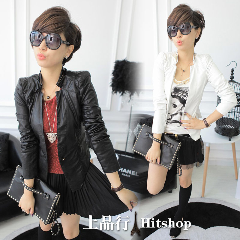 2013 spring collar metal irregular slim leather clothing suit jacket n