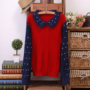 2013 spring color block polka dot twisted knitted sweater female basic sweater slim hip sweater Free Shipping