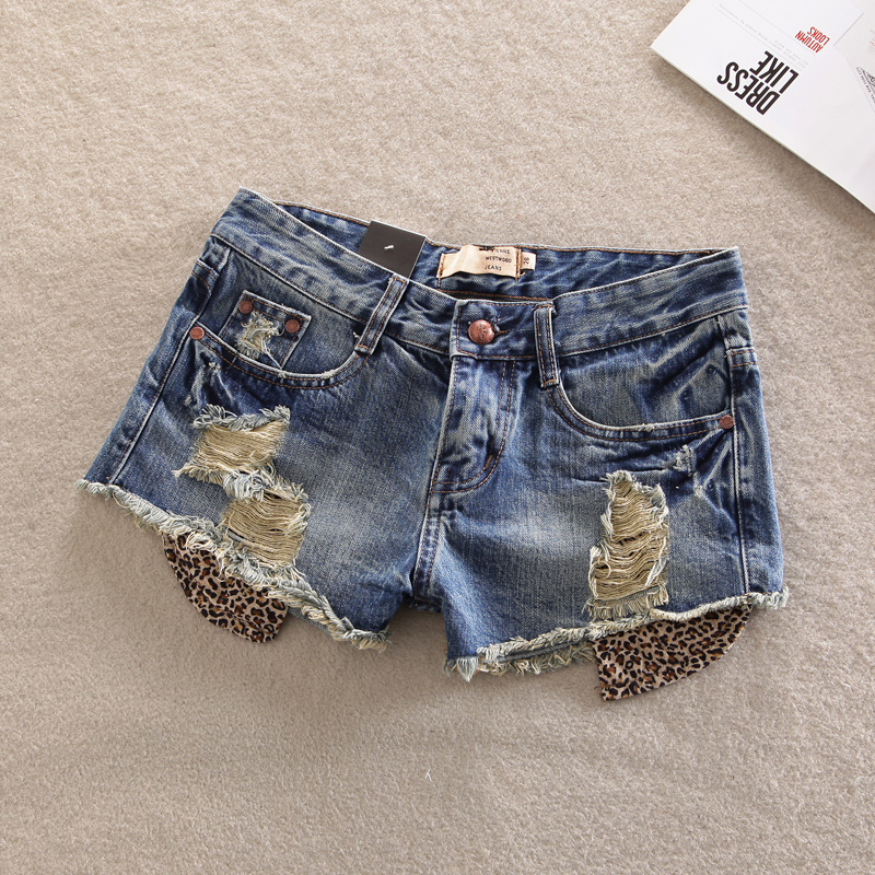 2013 spring - dark grey blue leopard print hole wire drawing loose denim shorts