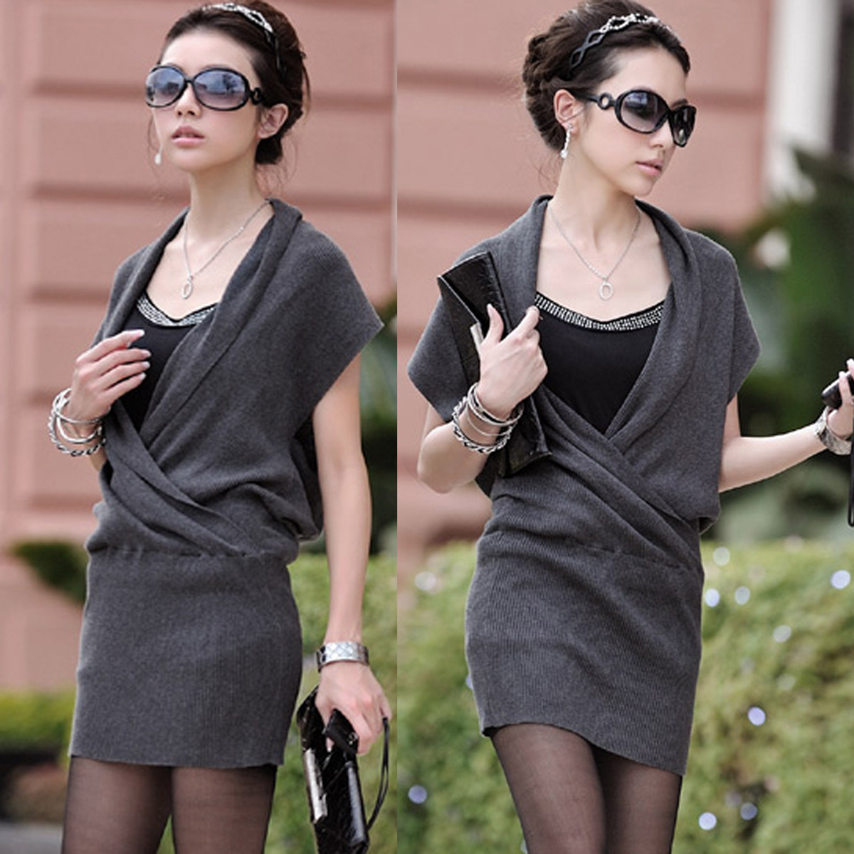 2013 spring deep v neck knitted sexy hip slim tank dress one-piece dress grey