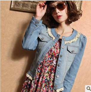 2013 spring  Denim Jacket  Women Long Sleeve  Vintage  Lace Cute Denim coat, S-XXL, Free Shipping