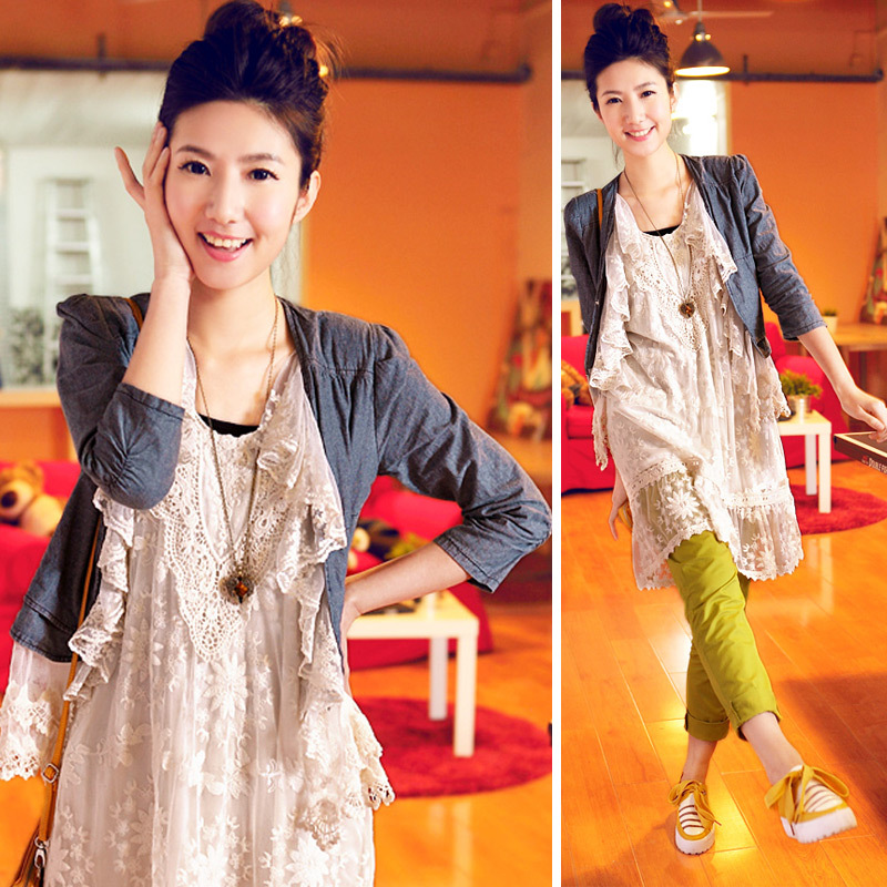 2013 spring denim lace three quarter sleeve short design cardigan coat w3236