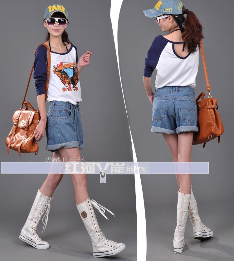 2013 spring denim shorts reminisced color female vintage casual loose roll-up hem shorts
