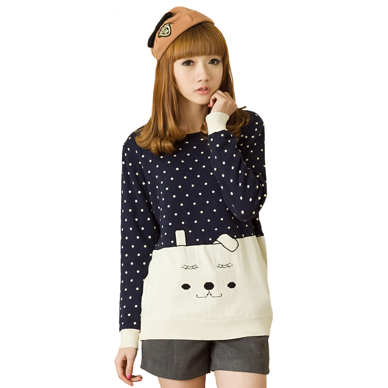 2013 spring dot bear long-sleeve sweater female loose basic sweater knitted basic shirt female