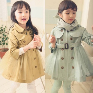 2013 spring double breasted gauze female child trench female child lace trench puff skirt overcoat