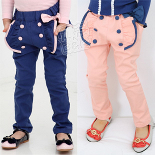 2013 spring double breasted ruffle hem girls clothing baby trousers casual pants kz-1143