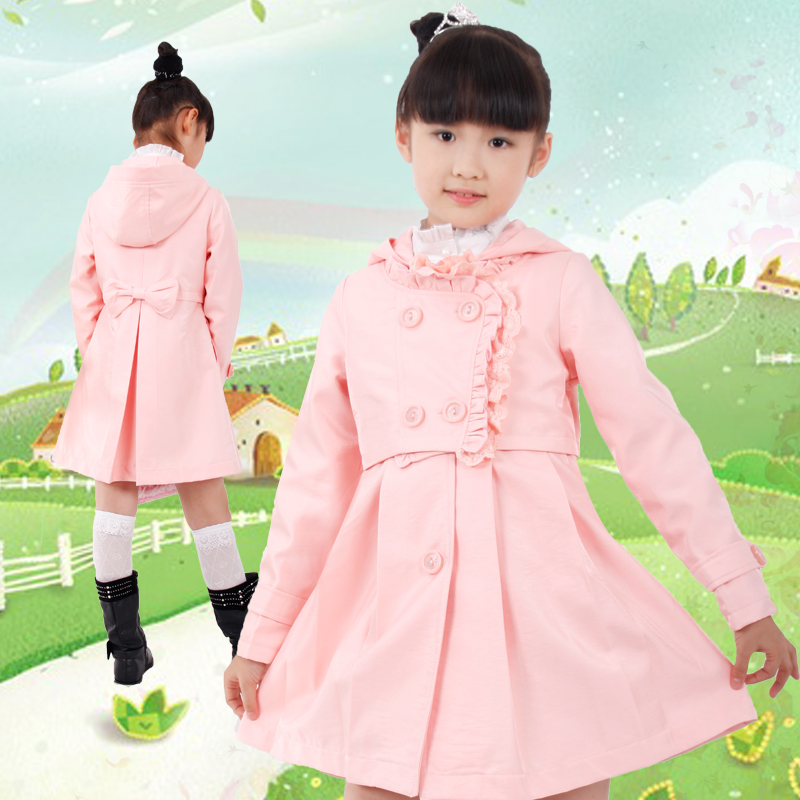 2013 spring egg elegant faux two piece with a hood female child trench medium-large child outerwear children's clothing