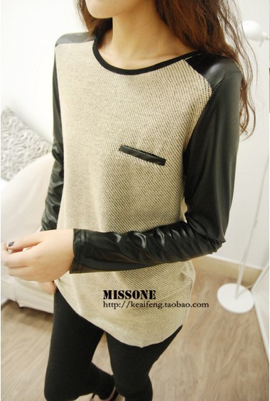 2013 spring elegant formal women's twisted patchwork leather slim o-neck long-sleeve T-shirt