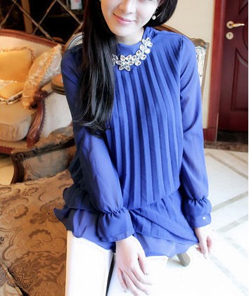 2013 spring elegant loose rhinestone pleated chiffon shirt long-sleeve medium-long shirt female all-match