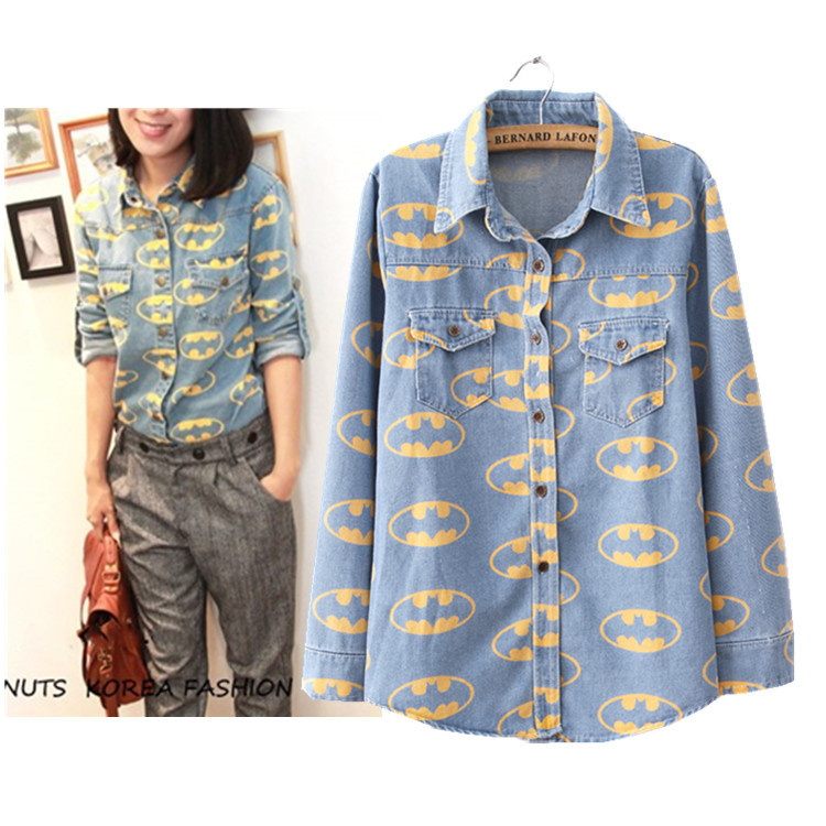 2013 spring Europe and America women's Batman prints the thicker denim shirt