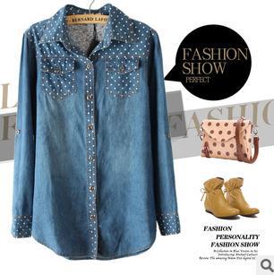 2013 Spring European Style Women's Polka Dot Long Sleeve Denim Blouse Free Shipping Wholesale Women Clothes YC-B31196-X94