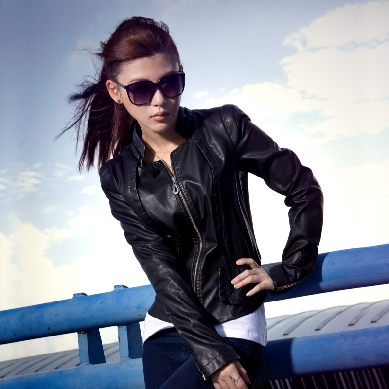 2013 spring fashion black leather clothing female short design slim small brief stand collar outerwear 11g3553