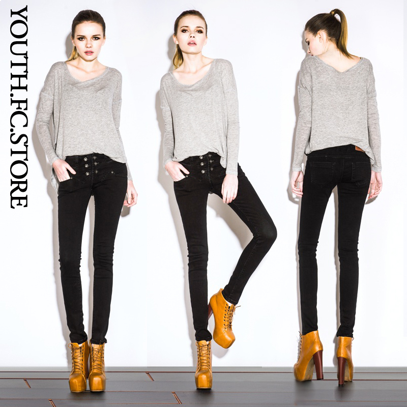2013 spring fashion black mid waist multi-button jeans female tight pencil pants