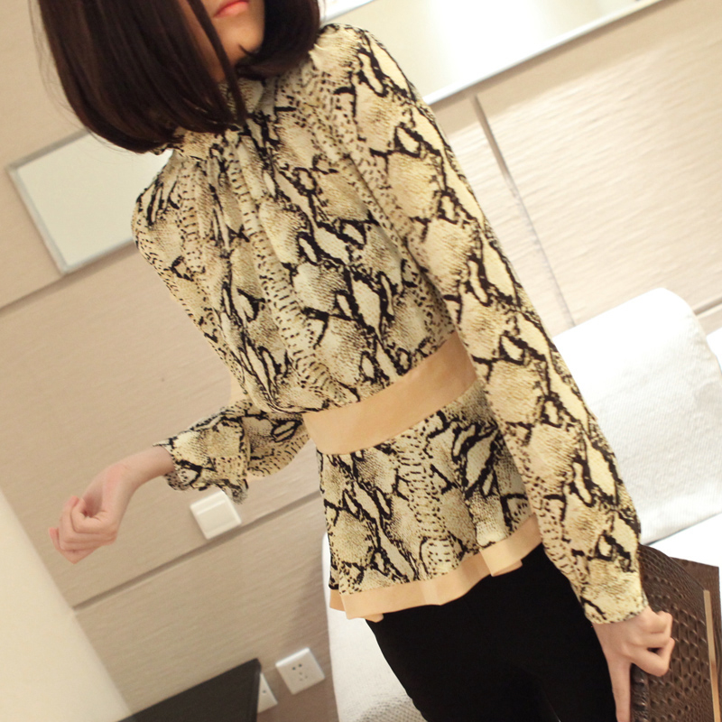 2013 spring fashion brief intellectuality elegant chiffon shirt serpentine pattern ruffle hem stand collar long-sleeve shirt