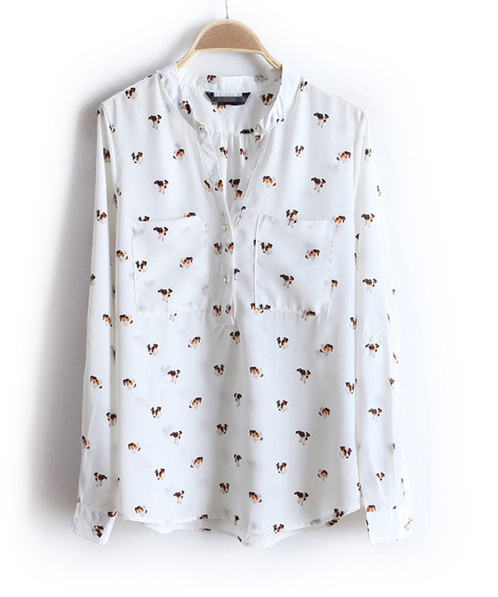 2013 spring fashion brief women's print stand collar pocket chiffon long-sleeve women's shirt