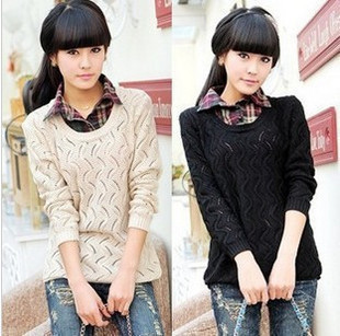 2013 spring fashion casual plaid shirt collar cutout faux two piece set casual outerwear sweater