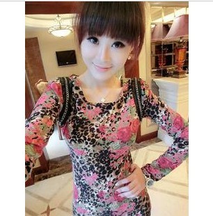 2013 spring fashion faux leather chain leopard print rose print ultra-short slim one-piece dress 2185