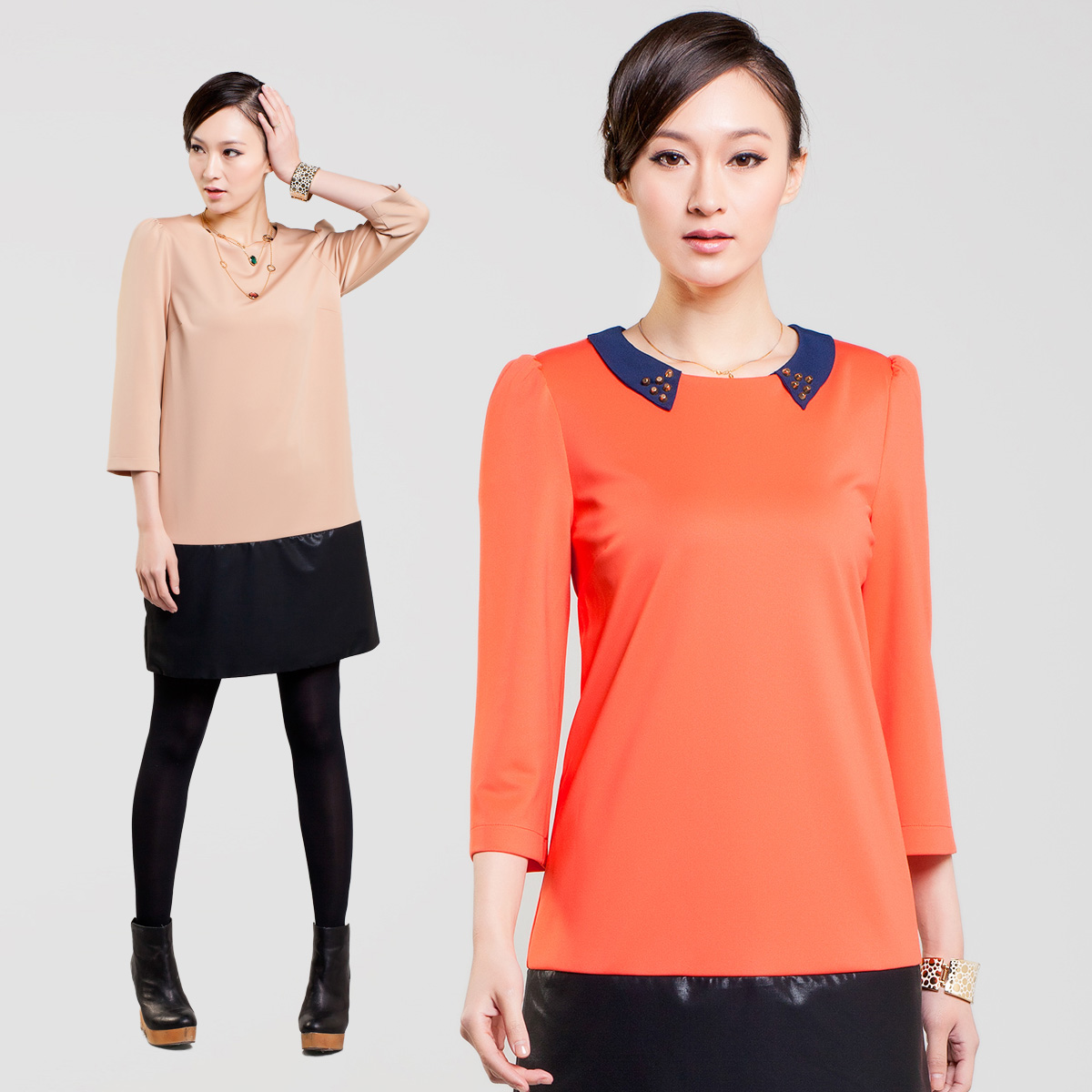 2013 spring fashion female fashion all-match o-neck puff sleeve patchwork leather sweep one-piece dress