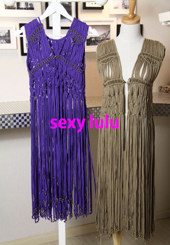 2013 spring fashion handmade beading knitted long design cutout tassel sweater