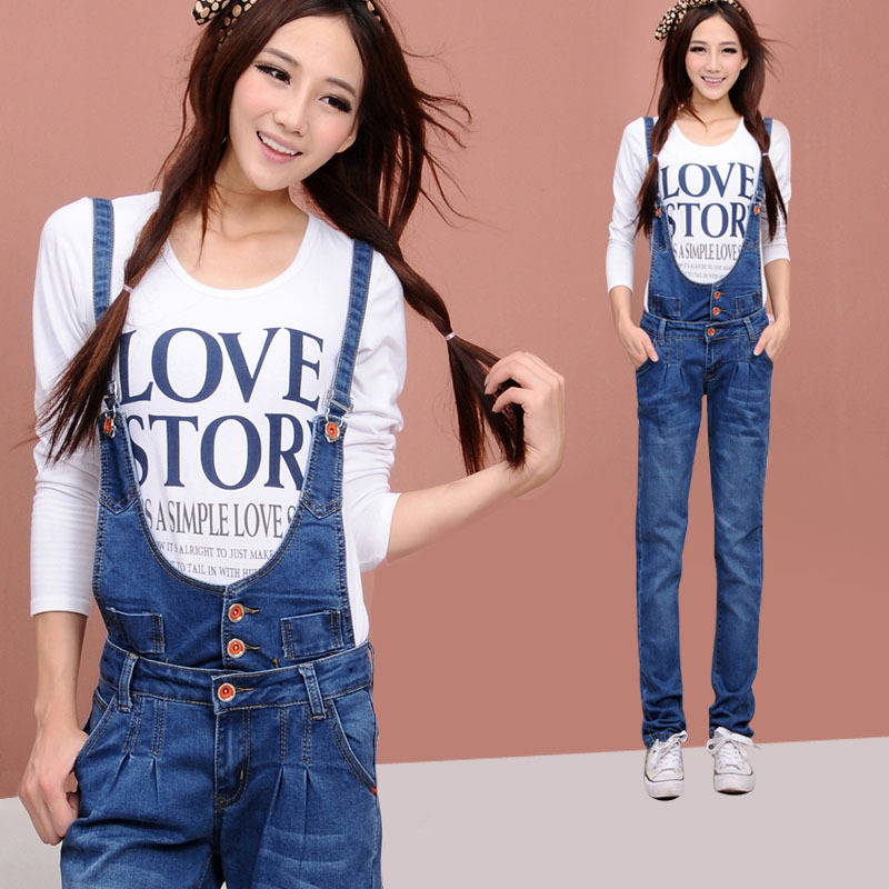2013 spring fashion lady's jean bib pants womenasual loose straight blue denim trousers overall jeans female jumpsuit for women