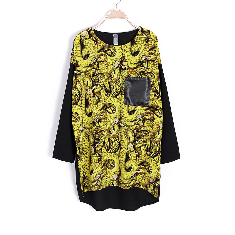 2013 spring fashion loose plus size irregular medium-long color block batwing sleeve chiffon shirt one-piece dress free shipping