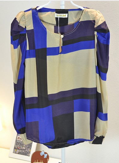 2013 spring fashion multicolour shoulder pads color block shirt multicolour women's top