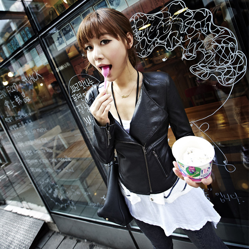 2013 spring fashion o-neck leather clothing female short design slim short jacket 21g3698 PU