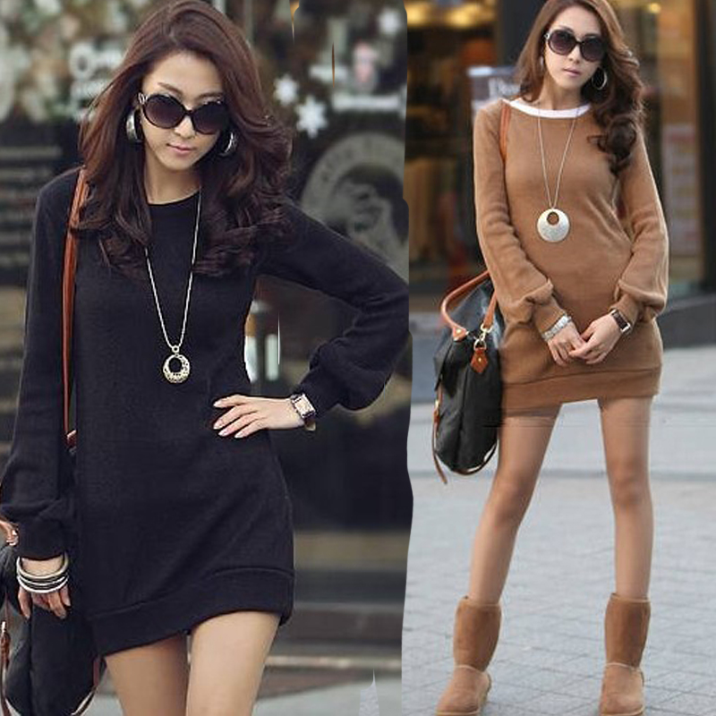 2013 spring fashion one-piece dress thickening medium-long lantern sleeve sweater 0763 basic shirt