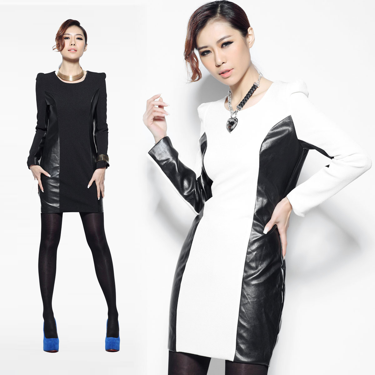 2013 spring fashion patent leather patchwork o-neck long-sleeve slim gentlewomen one-piece dress
