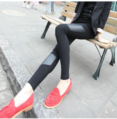 2013 spring fashion personality irregular faux leather patchwork matt ankle length legging