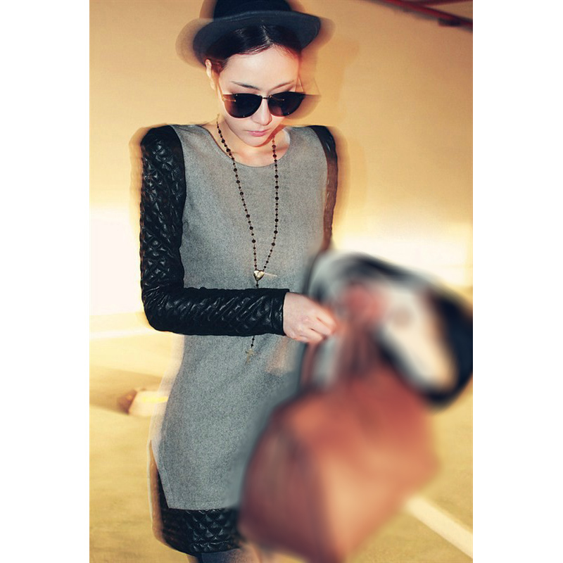 2013 spring fashion plaid woolen leather basic slim one-piece dress skirt