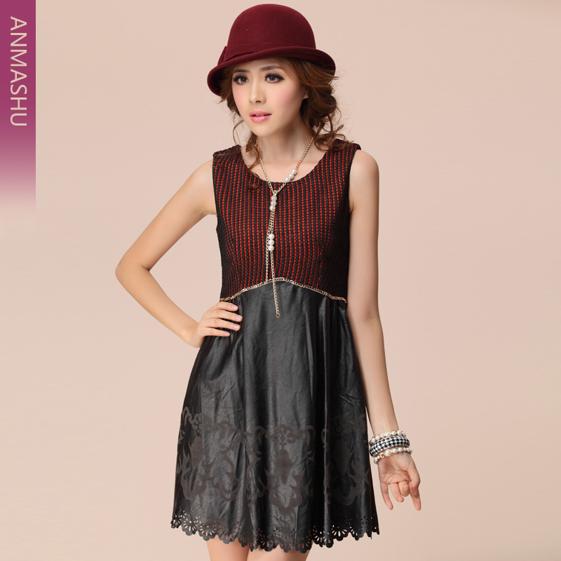 2013 spring fashion plus size patchwork fashion slim one-piece dress short skirt vest leather skirt women's