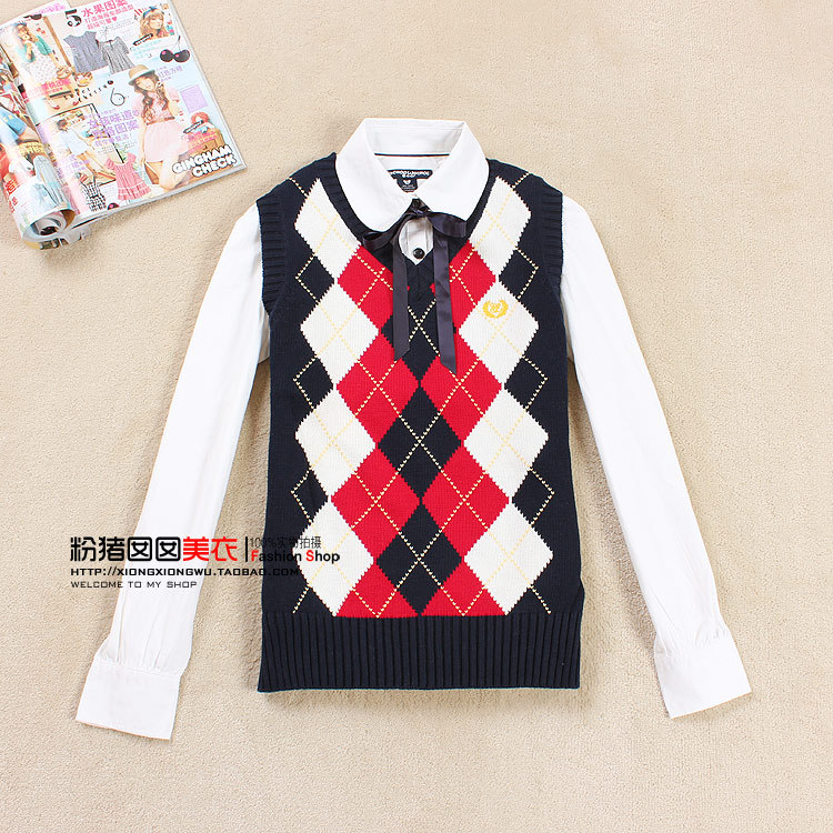 2013 spring fashion preppy style double-breasted plaid V-neck sweater vest sweater female