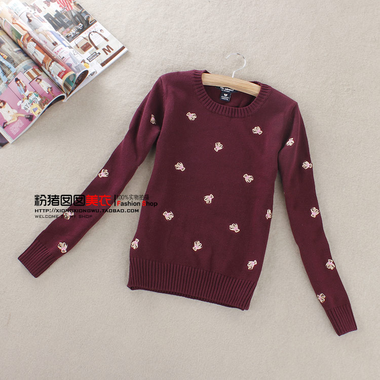 2013 spring fashion preppy style embroidery pattern o-neck 100% pullover cotton sweater