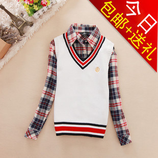 2013 spring fashion preppy style Women 100% V-neck small cotton sweater
