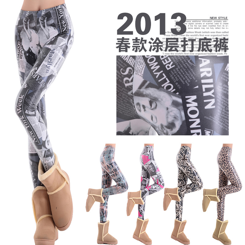 2013 spring fashion print slim matt faux leather pants doodle ankle length trousers legging