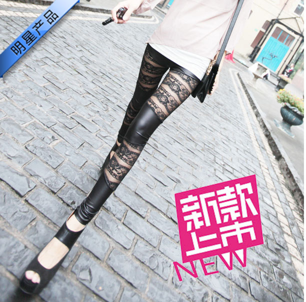 2013 spring fashion slim sexy legging PU lace patchwork basic leather pants