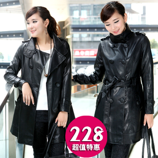 2013 spring fashion slim waist slim medium-long plus size female leather clothing outerwear water washed leather trench