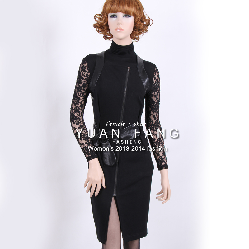 2013 spring fashion slim zipper slim hip skirt PU one-piece dress leather skirt tank dress