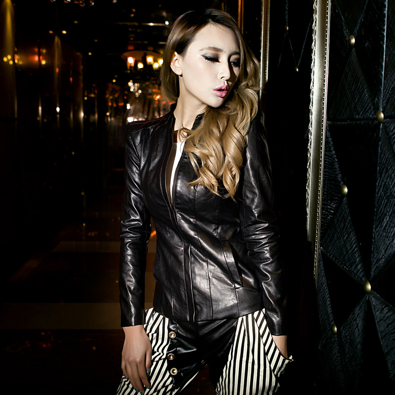 2013 spring fashion stand collar shoulder pads motorcycle jacket PU clothing female slim design short outerwear jacket