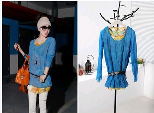 2013 spring fashion thin blue fancy 2 medium-long chiffon shirt