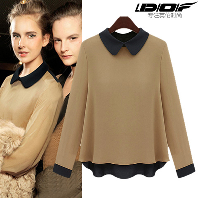 2013 spring fashion vintage peter pan collar long-sleeve chiffon shirt plus size shirt chiffon shirt top female