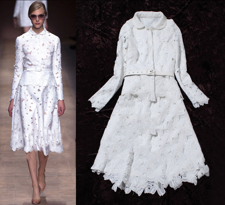 2013 Spring Fashion Women's Hollow Out Flower White Tops Outerwear+ Knee-length Skirt High Fashion Set Twinset SS12561
