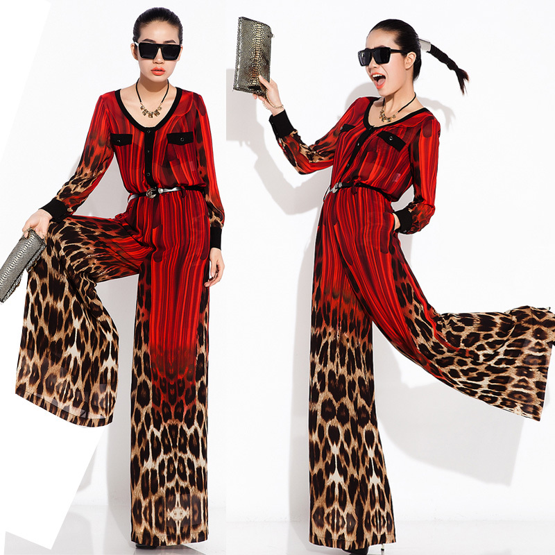 2013 spring  fashion women's leopard print chiffon jumpsuit  female slim  long sleeve trousers ladies culottes overall for women