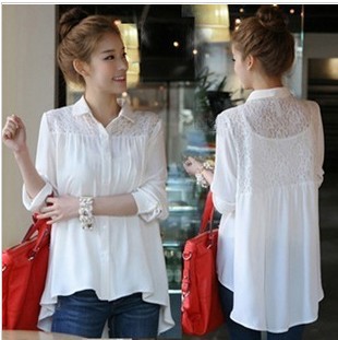 2013 Spring Fashion Women Sexy Lace Patchwork Shirts Long Sleeve Chiffon Perspective Blouses Tops Free Shipping TS-019