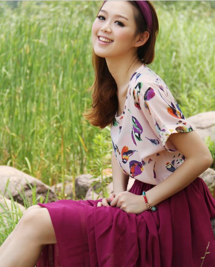 2013 Spring Fashion Women Sexy Shirts Colorful Birds Short Batwing Sleeve Chiffon Perspective T-shirt Tops Free Shipping TS-020