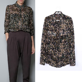 2013 spring fashion zar Camouflage print large pocket chiffon shirt long-sleeve shirt female