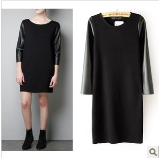 2013 spring fashion zar PU faux leather patchwork three quarter sleeve one-piece dress W40S