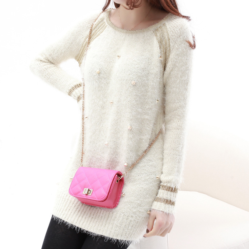 2013 spring fashionable casual loose o-neck long-sleeve rivets gold mohair sweater ad341